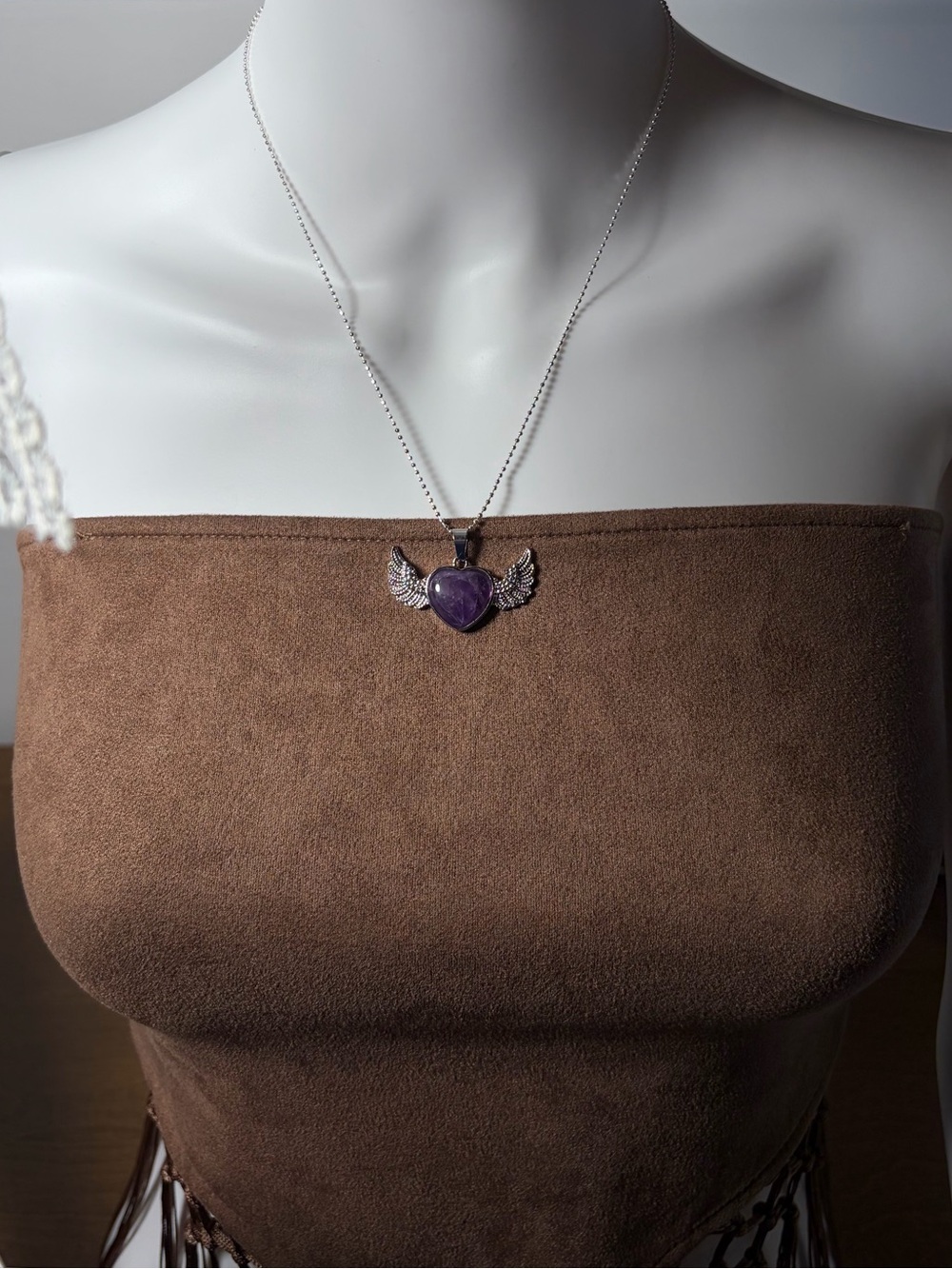 Amethyst Silver Winged Heart Pendant Necklace - Picture 6 of 13